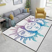 YucouHome Moon Animals Door Mats Outdoors, Psychedelic Representation Heavenly Bodies Faces Oriental Inspired Image, Easy Maintenance Area Rug Living Room Bedroom Carpet(3'x 5') Lilac Blue White