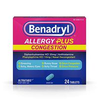 Benadryl Allergy Plus Congestion Ultratabs, Nasal Congestion Relief, Allergy Tablets, 24 Ct
