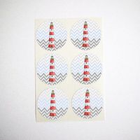 Nautical Lighthouse Stickers with White and Gray Chevron Stripes by Once Upon Supplies, Circle Seals, Party Favor Labels and Cupcake Toppers for Summer Parties, 1.5 Inches, 30 Stickers