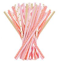 Paper Straws - 200-Pack Pink, Gold, and Peach Colored Fun Drinking Straws with Coral Stripes, Polka Dot, and Star Designs by Esdabem