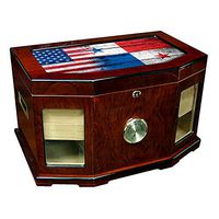 Large Premium Desktop Humidor - Glass Top - Flag of Panama (Panamanian) - Wood with USA Flag - 300 Cigar Capacity - Cedar Lined with Two humidifiers & Large Front Mounted Hygrometer.