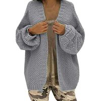 HNTDG Women Casual Solid Color Openwork Open Front Long Sleeve Knitted Sweater Loose Cardigan Gray