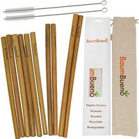 Organic Bamboo Reusable Straws | Pack of 10 variety sizes, 6, 8, 9” | Reusable | Biodegradable | Disposable | Alternative for Plastic Straws | 2 Straw Brushes, With Case By Baum Bueno