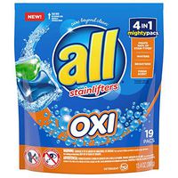 all Mighty Pacs Laundry Detergent, 4 in 1 with OXI , Pouch, 19 Count