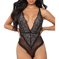 💫GateLie Women's Siamese Lace Intimates Deep V Neck Sleepwear Romper Jumpsuit Bodysuit Nightwear Sexy Lingerie Black (Black, S)