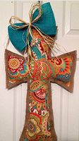 Large, Bold Multi Brights print cross and burlap door hanger with teal burlap and raffia bow