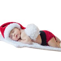 Baby Photography Props Christmas Outfits Newborn Boy Girl Photo Shoot Costume Crochet Knitted Santa Hat Shorts Red
