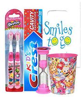 Shopkins 5pc Bright Smile Oral Hygiene Bundle! 2pk Manual Toothbrush, Toothpaste, Brushing Timer & Mouthwash Rise Cup! Plus Dental Gift Bag & Tooth Saver Necklace!