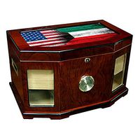 Large Premium Desktop Humidor - Glass Top - Flag of Kuwait (Kuwaiti) - Wood with USA Flag - 300 Cigar Capacity - Cedar Lined with Two humidifiers & Large Front Mounted Hygrometer.