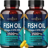 (2-Pack) Omega 3 Fish Oil 2500mg Supplement by New Age – Immune & Heart Support – Promotes Joint, Eye, Brain & Skin Health - Non GMO 180 Softgels - EPA, DHA Fatty Acids Gluten Free