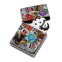 Flower Koi Japanese Art - Windproof Flip-Top Refillable Silver Lighter with tin Gift Box