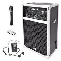 Pyle Pro Outdoor Indoor Portable PA Stereo Sound System with 6.5 inch Speaker, USB SD Card Reader, Rechargeable Battery, Indicator Lights, Wireless Microphone, Remote-PWMA170, Silver/Black (PWMA170)
