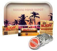Bundle - 11 Items - Raw Natural 1 1/4 Cigarette Rolling Papers (4 Packs), RAW Pre-Rolled Tips (3 Packs), RAW 79mm Roller and Rolling Paper Depot Rolling Tray (Retro Palms), Grinder and KewlTube