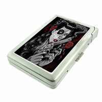 Cigarette Case with Built in Lighter Sugar Skull S16 Smoking King Size Cigarettes Silver Metal Wallet 4" X 2.75" RFID Protection Candy