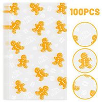 Whaline 100 Pcs Christmas Cellophane Bags with 100 Gold Twist Ties, Xmas Clear Candy Cookie Treat Bags for Christmas Party Supplies (Gingerbread Man)