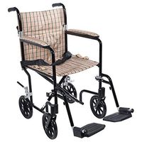 Drive Medical Tan Plaid Flyweight 17 Aluminum Transport Wheelchair 17", Green Frame, Burgundy Upholstery
