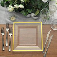 Tableclothsfactory 10 Pack 10" Clear Disposable Plates Square Plastic Plates Salad Dessert Plates With Shiny Gold Rim For Weddings