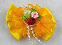 20pcs Ribbon Organza 3 Flowers Mahogany Pearl Flowers Bows Wedding Appliques (Yellow)
