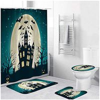Naiflowers 4 Piece Halloween Bath Shower Curtain Sets, Bathroom Shower Curtain & Toilet Mat & Lid Cover & Non Slip Rugs, Washable Shower Bath Curtain Carpet for Tub Entry Living Room (G)