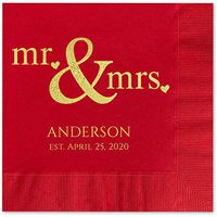 Canopy Street Mr and Mrs Hearts Personalized Luncheon Napkins - 100 Claret Red Paper Coined Napkins with a Choice of foil. 6 1/2'' x 6 1/2'' Folded, Made in The USA