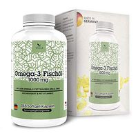 Omega-3 Fishoil 365 Capsules • with Vitamin E Highly dosed (1000 mg per Capsule) • EPA DHA Softgels • Made in Germany