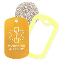 Morphine Medical Alert ID Necklace with Gold Tag, Yellow Silencer, and 30'' USA Chain - 154 Color Choices