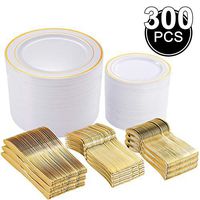 300 Pieces Gold Plastic Plates with Disposable Silverware, 60 Guests Tableware Set include: 60 Dinner Plates 10.25", 60 Dessert Plates 7.5", 60 Forks, 60 Knives and 60 Spoons