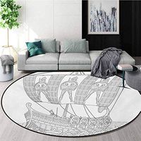 RUGSMAT Toga Party Modern Machine Washable Round Bath Mat,Stylized Ancient Greek Galley Cruising On Swirled Waves Doodle Illustration Non-Slip Soft Floor Mat Home Decor,Diameter-39 Inch