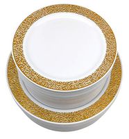 100 Pack Disposable Plastic Plates Ideal for Weddings,Banquets,Engagements,Birthdays, Anniversary, Includes 50 Plastic Dinner Plates 10.25 Inch,50 Salad/Dessert Plates 7.5 Inch (Gold Lace)