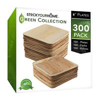 Stock Your Home Compostable Eco Friendly Bamboo Like Palm Leaf Plates and Cutlery Set, 100 Square 8 Inch Plates, 100 Wooden Forks, 100 Wooden Knives, 300 Pieces