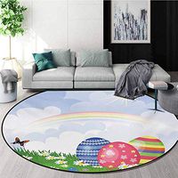 RUGSMAT Easter Modern Machine Round Bath Mat,Spring Season Nature with Daisies Butterfly and Rainbow Festive Colorful Ornate Eggs Non-Slip No-Shedding Kitchen Soft Floor Mat,Diameter-31 Inch