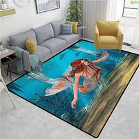 Mermaid Solid Carpet, Lifelike Mermaid Holding a Sea Lily Magic Aquatic World Theme, Durable Carpet Area rug - Living Dinning Room Bedroom Rugs and Carpets(3'x 8') Pale Blue Burnt Sienna Yellow