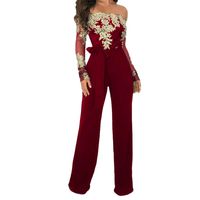 Corriee Jumpsuit for Women Elegant Long Sleeve Off The Shoulder High Waisted Wide Leg Romper with Belt Red