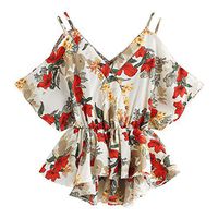 Meikosks Ladies Floral Print V Neck Blouse Summer Dip Hem Tops Short Sleeve T Shirt White