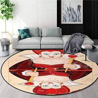 Alice In Wonderland Machine Washable Round Bath Mat,Queen Cards Playing Alice Character In Fictional Fairy Tale Print Non-Slip No-Shedding Bedroom Soft Floor Mat Diameter-31 Inch,Red Brown Ecru