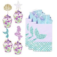 YOUTH UNION 60 Pack Mermaid Cupcake Toppers & Wrappers & Mermaid Gift Bags for Baby Shower Birthday Party Supplies Cake Decoration