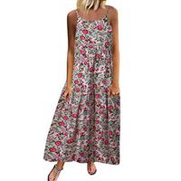 Women Plus Size Dress Summer Strap Sleeveless Retro Linen Floral Print Daily Bohemian Casual Loose Long Maxi Dress White