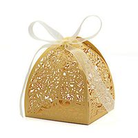 KPOSIYA Pack of 100 Laser Cut Rose Candy Boxes, Favor Boxes 2.5"x 2.5"x 3.1", Gift Boxes for Bridal Shower Anniverary Birthday Party Wedding Favor (100,Gold)