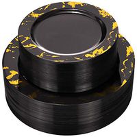 NERVURE 102PCS Black with Gold Marbling Plastic Plates-Disposable Plastic Plates with Gold Marbling- Plastic Wedding Party Plates including 51Plastic Dinner Plates 10.25inch,51 Salad Plates 7.5inch