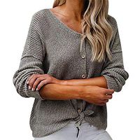 Alangbudu Women V Neck Button Down Knitted Tops Loose Fit Tie Knot Hem Blouse Long Sleeve Casual T Shirts Baggy Sweater Gray