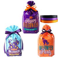 Coxeer Halloween Treat Bag, 75PCS Halloween Treat Bag Multi-Purpose Cellophane Candy Bag with 3 Rolls Ribbon Halloween Party Supplies