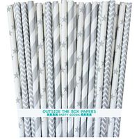 Outside the Box Papers Silver Stripe, Chevron and Star Paper Straws 7.75 Inches 75 Pack Silver, White