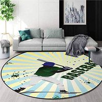 Baseball Warm Soft Cotton Luxury Plush Baby Rugs,Grunge Baseball Batter With Gear Athlete Competition Action Retro Illustration Kids Teepee Tent Game Play House Round Diameter-47 Inch,Green Yellow