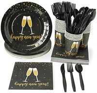 New Year Disposable Dinnerware Set - Serves 24 - Festive Holiday Party Supplies, Champagne Toast in Black and Gold Design, Includes Plastic Knives, Spoons, Forks, Paper Plates, Napkins, Cups