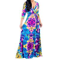 Jocund Trendy Women Dress Flower Print Three Quarter Sexy V-Neck Bandage Loose Long Maxi Dress Blue