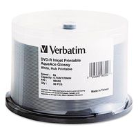 Verbatim / Smartdisk - 96552 - Verbatim DVD-R 4.7GB 8X Aqua Ace White Glossy Inkjet Printable Surface, Hub Printable - 50pk Spindle - Inkjet Printable