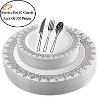 Tiger Chef Plastic Dinnerware 300 Piece Set Service For 60 Guests Includes 60 10.75-inch Dinner Plates 60 7-inch Salad Plates 6 Cutlery Sets Forks, Spoons, And Knives Disposable BPA Free