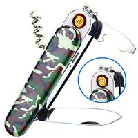 4 In1 Multi-Function Electric Lighter with Wine Beer Bottle Opener Tools USB Rechargeable Electric Lighter Windproof Flameless Lighter Perfect for Camping Hiking Traveling (Camouflage)