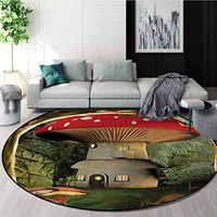 RUGSMAT Mushroom Small Round Rug Carpet,Shroom House in Enchanted Forest Wih Ladybug and Snail Whimsical Tree Door Mat Indoors Bathroom Mats Non Slip,Diameter-35 Inch Red Pale Coffee Green