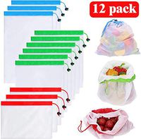LANDOT Reusable Produce Bags Food Storage Bags 12 Pack Leakproof Versatile Produce Bags 3 Size Lightweight Washable and See Through Mesh Flexible Bag Set with Drawstring Toggle Tare Weight Color Tag